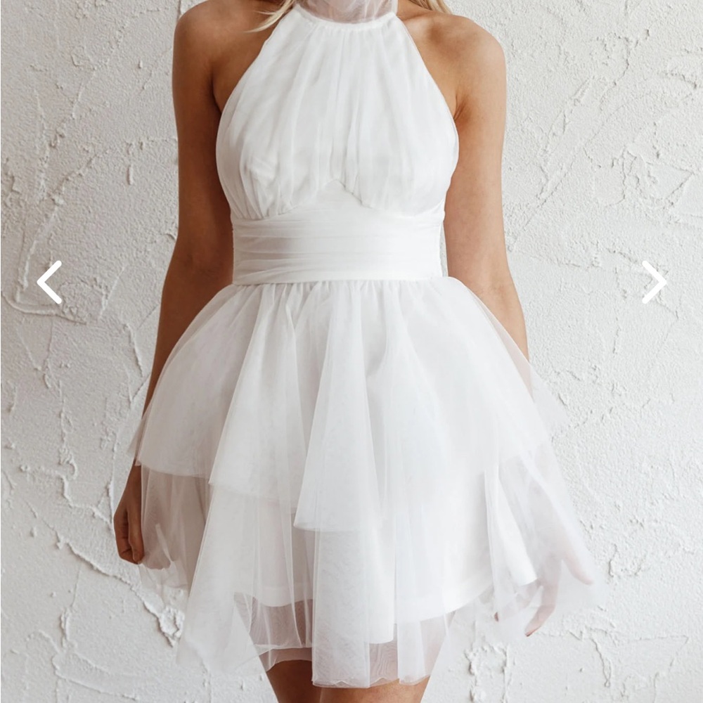 Selfie Leslie White Pleated Tiered Halter Sundress